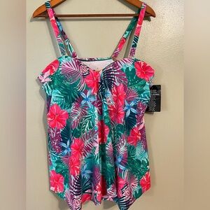 Swimsuits For All Tropical Floral Print wrap Tankini Top Underwired Size 16 NWT